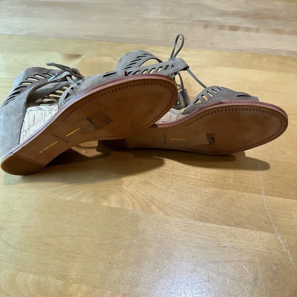 Dolce Vita Linsey Tan Suede Leather Lace Up Cork Wedge Sandals Size 7 - Picture 8 of 10
